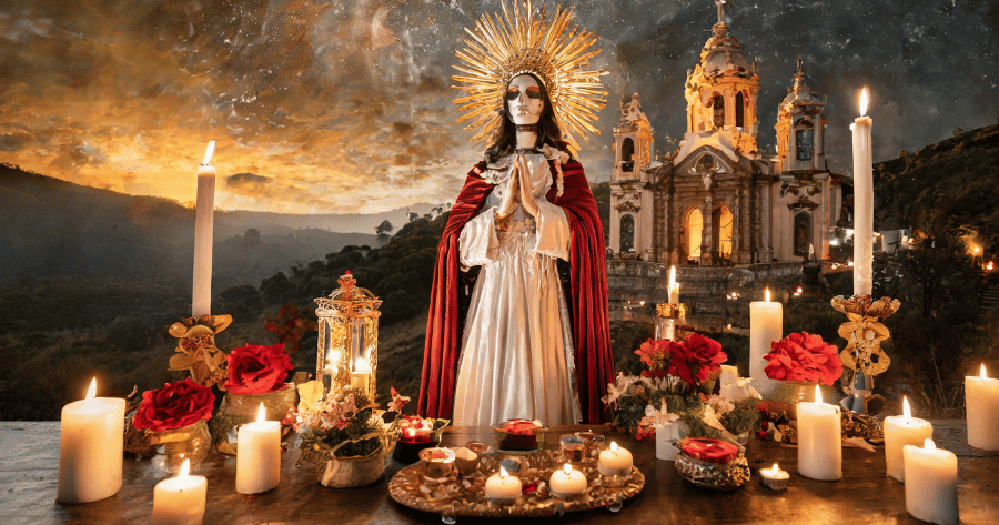 oracion y devocion de una persona mostrando a la Santa Muerte y San Miguel Arcangel