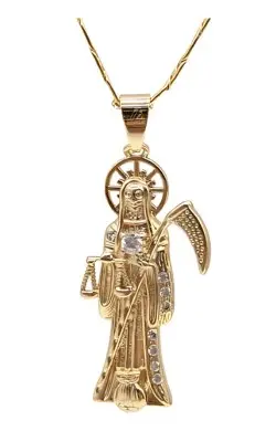 Collar con colgante de la Santa Muerte chapado en oro de 14 quilates jpg