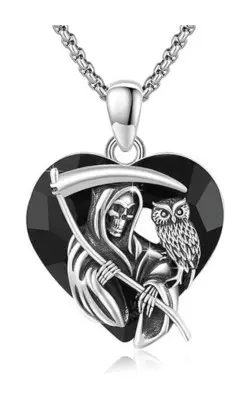 Collar de plata de ley de la Santa Muerte y Búho